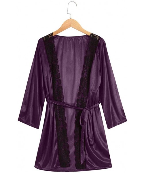 Tops Lace Splicing Kimono Robes for Women Sexy Long Sleeve V Neck Wraped Bathrobe Loose Full Slip Sleepwear Pajamas Purple - ...