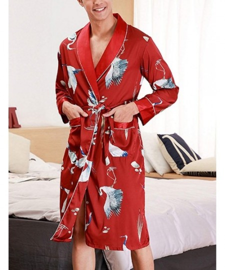 Robes Men's Satin Robe Print Luxurious Silk Spa Long Sleeve House Kimono Bathrobe Sleepwear Loungewear - Red - C5197RQ0W9C