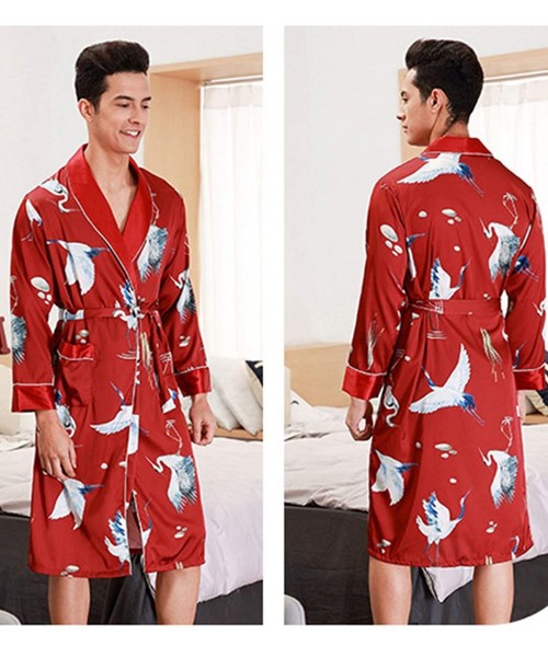 Robes Men's Satin Robe Print Luxurious Silk Spa Long Sleeve House Kimono Bathrobe Sleepwear Loungewear - Red - C5197RQ0W9C