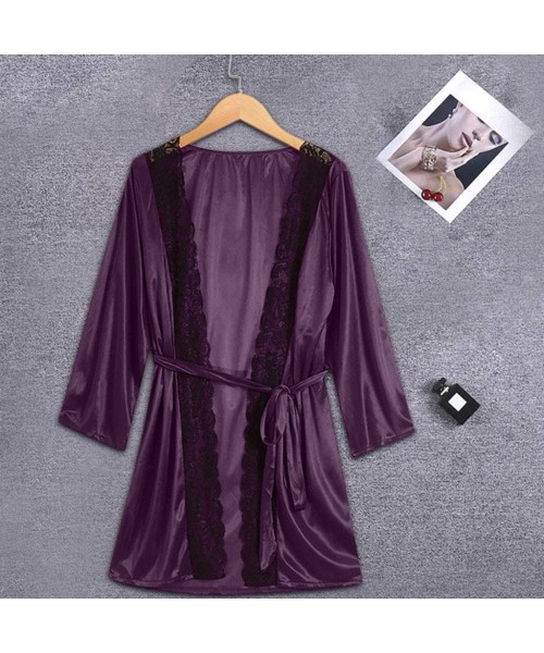Tops Lace Splicing Kimono Robes for Women Sexy Long Sleeve V Neck Wraped Bathrobe Loose Full Slip Sleepwear Pajamas Purple - ...