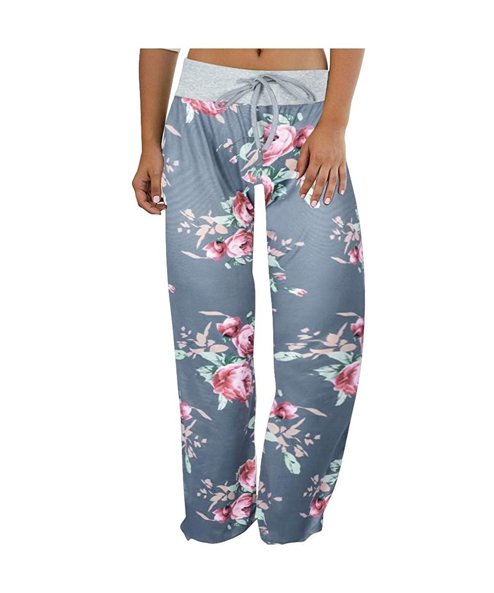 Bottoms Women Stretch Floral Print Yoga Pants Comfy Drawstring Palazzo Wide Leg Lounge Pants - P-gray - C5196ULSSNC