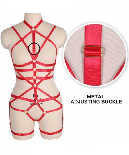 Garters & Garter Belts Women Punk Full Body Harness Bralette Plus Size Strap Hollow Out Cage Waist Garter Belts Set - Red - C...