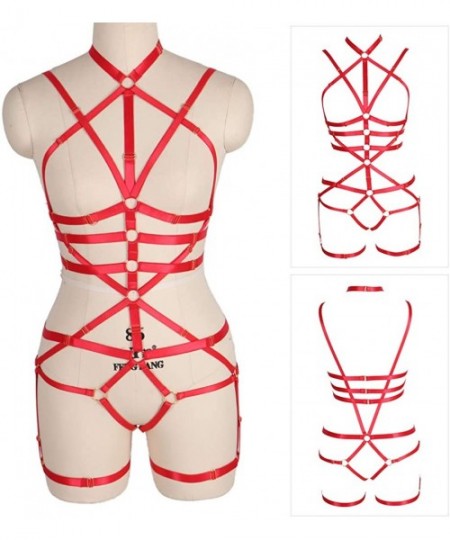 Garters & Garter Belts Women Punk Full Body Harness Bralette Plus Size Strap Hollow Out Cage Waist Garter Belts Set - Red - C...