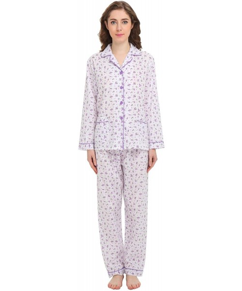Sets Womens Pajamas Set- 100% Cotton 2-Piece Drawstring Sleepwear - White With Purple & Green Floral - CF18DULC8YO