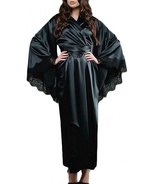 Robes Women Kimono Robes Long Sleeve Sexy Lace Bathrobe V-Neck Satin Soft Loungewear Full Length Sleepwear - 03 Black - CL194...