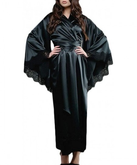 Robes Women Kimono Robes Long Sleeve Sexy Lace Bathrobe V-Neck Satin Soft Loungewear Full Length Sleepwear - 03 Black - CL194...