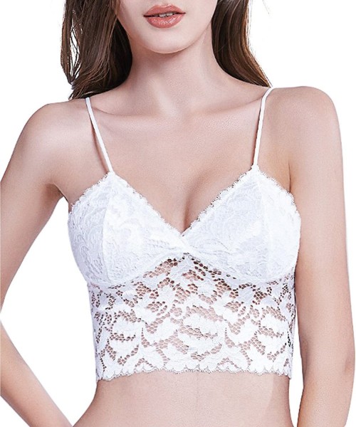 Bras Women's Floral Lace Bralette Removable Padded Wirefree Longline Bra Bustier - White - CQ18QMRZON3