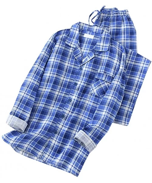 Sleep Sets Mens Plaid Pajamas Set Cotton Long Sleeve Top & Bottom Sleepwear Loungewear - Plaid-blue - C319C9LQNLQ