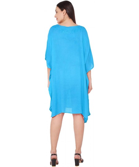 Nightgowns & Sleepshirts Women's Tunic Rayon Short Caftan Embroidered Summer Dress (Free Size) - Turquoise - CJ193EIN9NO