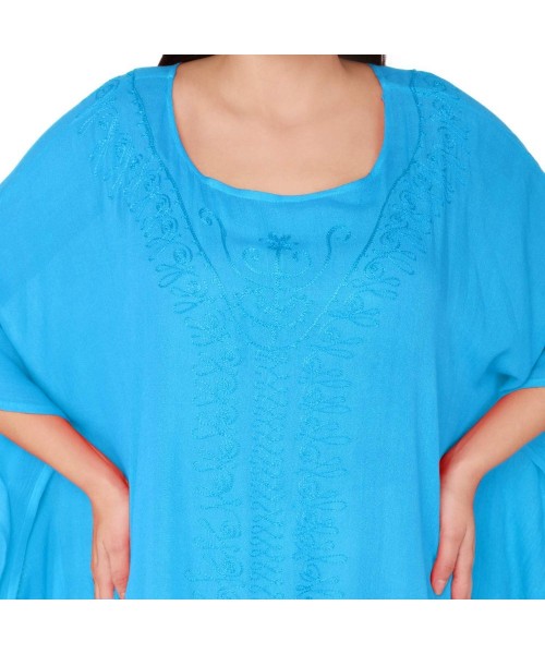 Nightgowns & Sleepshirts Women's Tunic Rayon Short Caftan Embroidered Summer Dress (Free Size) - Turquoise - CJ193EIN9NO
