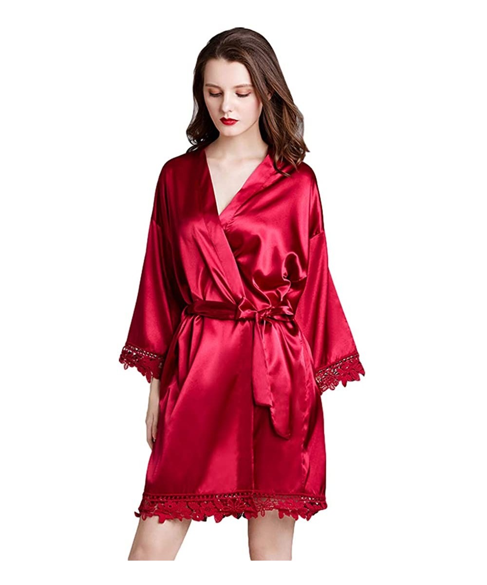 Robes Ladies Pure Color Kimono Robes Short Satin Nightwear Bridesmaids Lingerie Sleepwear Dressing Gown - Red - CS197YNN7AG