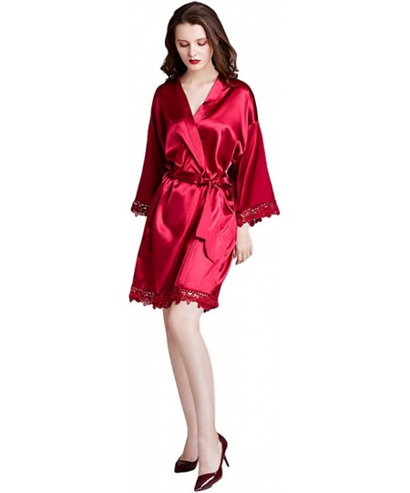 Robes Ladies Pure Color Kimono Robes Short Satin Nightwear Bridesmaids Lingerie Sleepwear Dressing Gown - Red - CS197YNN7AG