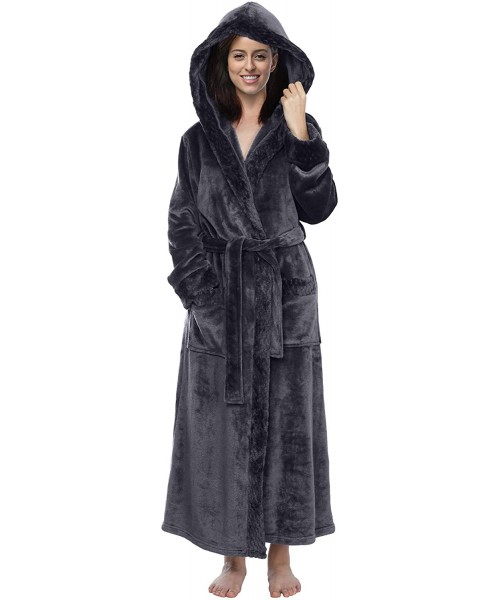 Robes Womens Winter Warm Fleece Bathrobe with Band 2 Side Pockets - Hooded-gray - CS19E0E6YRI