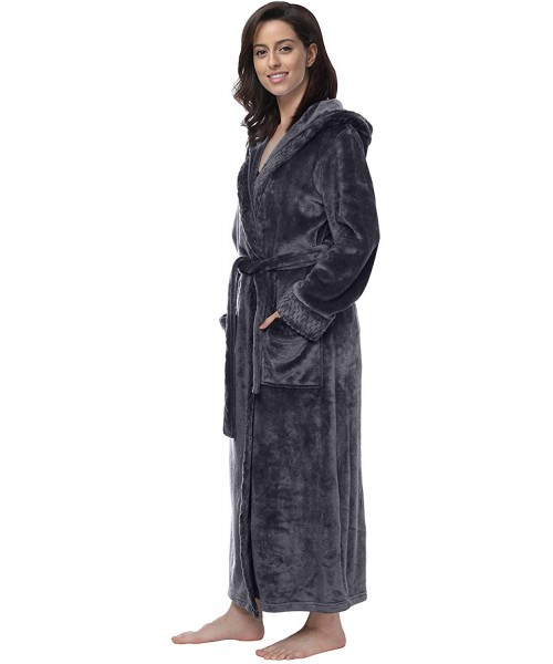 Robes Womens Winter Warm Fleece Bathrobe with Band 2 Side Pockets - Hooded-gray - CS19E0E6YRI