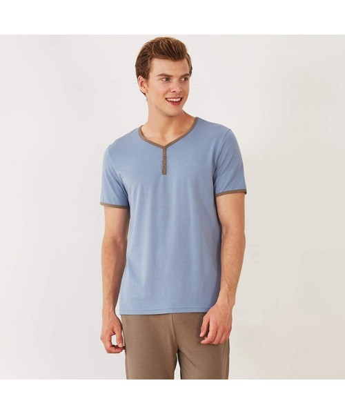 Sleep Sets Men's Pajamas Set- Summer Short-Sleeve Modal Nightwear Home Wear Suits Fashion Sleepwear for Men-Light Blue-XXXL -...