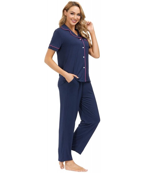 Sets Women's Pajama Set Button Down Long/Short Sleeve Sleepwear Lightweight Soft PJs - Navy Blue-short Sleeve - C618D4OXWG2