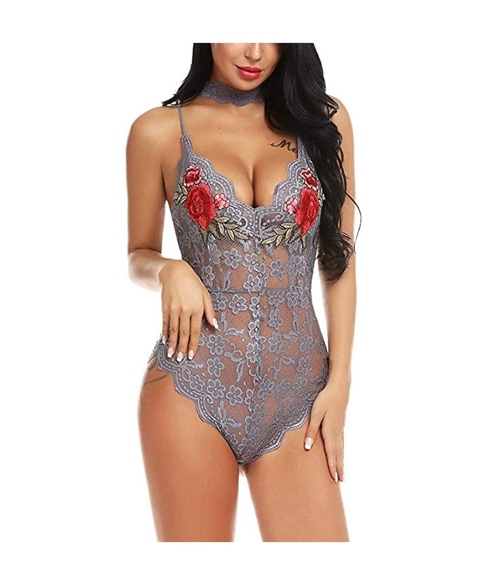 Baby Dolls & Chemises Women Teddy Lingerie One Piece Lace V-Neck Bodysuit Jumpsuit Embroidery with Collar Babydoll Set Mini B...