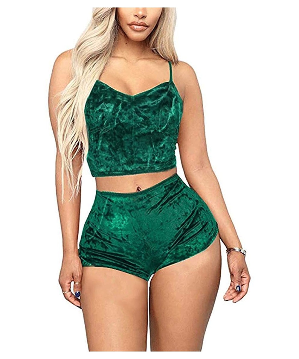Sets Women's Sexy Velvet Pajamas Set 2 Piece Cami Bralette Shorts Sleepwear Lingerie Sets Homewear Plus Size - Green - CB195L...