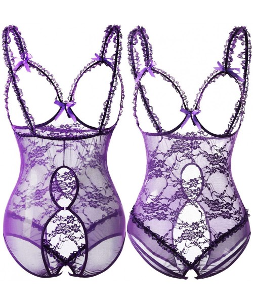 Baby Dolls & Chemises Plus Size Lingerie for Women Sexy Teddy Bodysuit Lace Babydoll L-5XL - Purple - C5192ZYNGRX