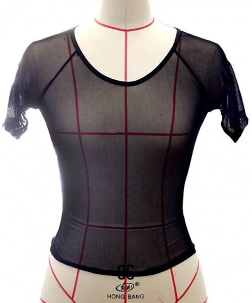Sets Sexy Lingerie for Women Sheer Mesh See-Through Short Sleeve Crop Tops Casual T Shirt - Black - CX18U4GCH4H