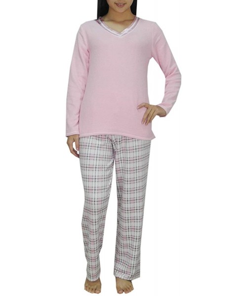 Sets 2 Piece Stretch Microfleece Pajama Set for Women - Pink Plaid - CU12H050ITH