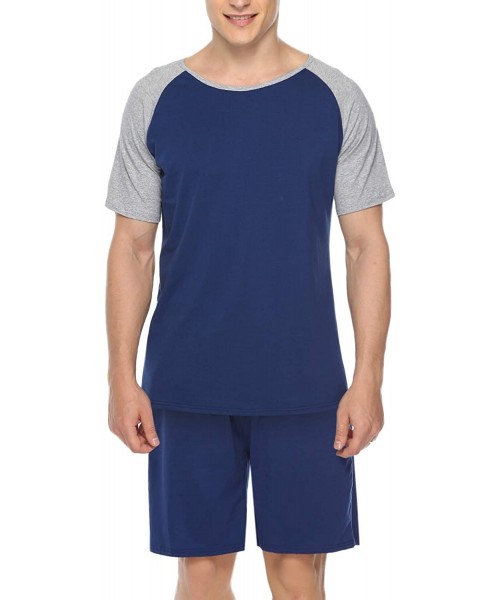 Sleep Sets Men's Cotton Pajama Set Short Sleeve Crew Neck Contrast Lounge Sleepwear Sets - Blue - CI18R3WX383