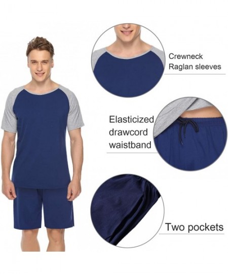 Sleep Sets Men's Cotton Pajama Set Short Sleeve Crew Neck Contrast Lounge Sleepwear Sets - Blue - CI18R3WX383