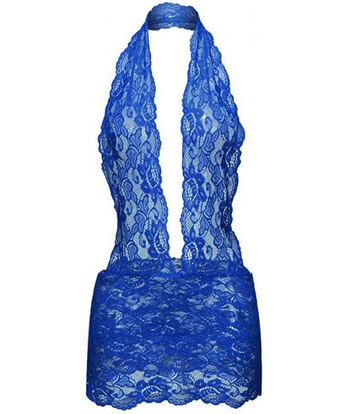 Tops Lingerie For Women Fashion Lace Teddy Sexy Deep V Halter One Piece Bodysuit Nightdress Sleepwear - Blue - C6197QK3K8M