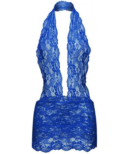 Tops Lingerie For Women Fashion Lace Teddy Sexy Deep V Halter One Piece Bodysuit Nightdress Sleepwear - Blue - C6197QK3K8M