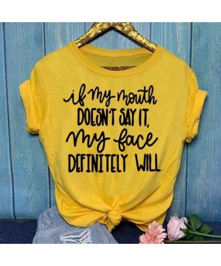 Tops Women Summer Letter Printed Short Sleeve T-Shirt Casual Loose Top Tunics(D-Yellow-S) - CZ196SUYZTZ