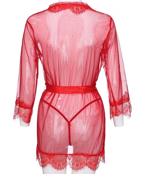 Slips Women V-Neck Lace Sexy Lingerie Underwear Bathrobe Mesh Robe with Thong + Belt - Red - C418YYULI7C