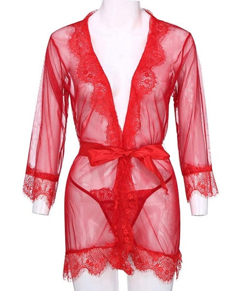 Slips Women V-Neck Lace Sexy Lingerie Underwear Bathrobe Mesh Robe with Thong + Belt - Red - C418YYULI7C
