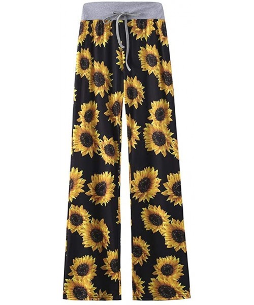 Bottoms Womens Print Wide Leg Lounge Pants Comfy Stretch Bottoms High Waist Drawstring Trousers - Yellow - CP1948DH8OG