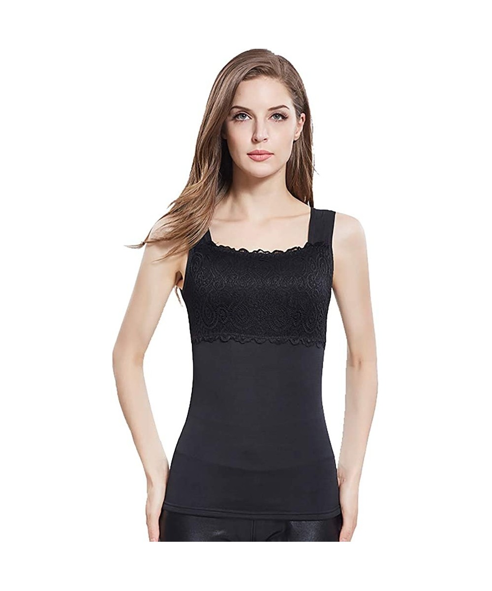 Thermal Underwear Womens Lace Camisole Thermal Underwear Thick Fleece Lined Cami Tank Top - Black - CA18AE4ZKH0