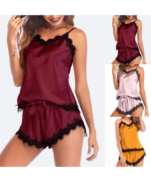 Thermal Underwear 2PCS Womens Sexy Satin Lingerie Sleeveless Pajamas Embroidery Flower Underwear - B Wine Red - CL18NZXTYR2
