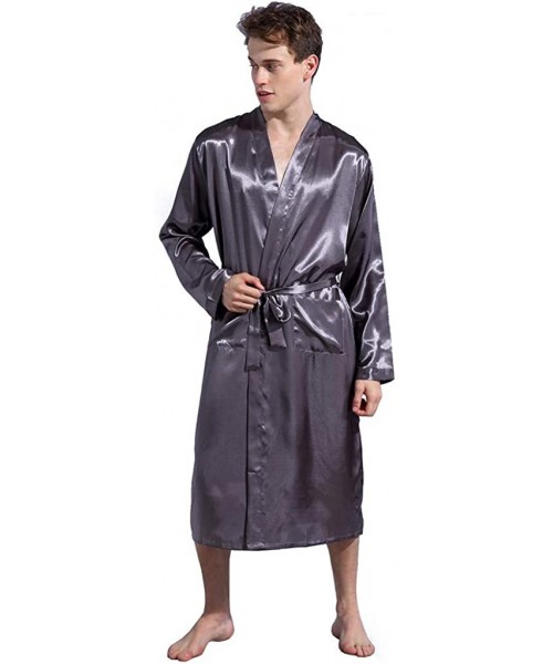 Sleep Sets Men's Satin Robe Dragon Silk Spa Long Sleeve House Kimono Bathrobe - Gray - CE18SDAM7RL