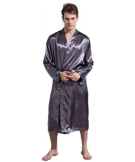 Sleep Sets Men's Satin Robe Dragon Silk Spa Long Sleeve House Kimono Bathrobe - Gray - CE18SDAM7RL