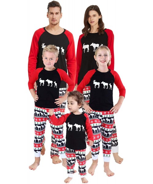 Sets Matching Family Pajamas Sets Christmas PJ's with Reindeer Printed Long Sleeve Tee and Pants Loungewear Black Red Men - C...
