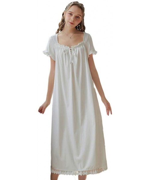 Nightgowns & Sleepshirts Women Vintage Nightgown Short Sleeve Cotton Nightdress Victorian Sleepwear Nightshirt - White02 - C3...