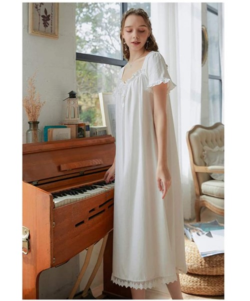 Nightgowns & Sleepshirts Women Vintage Nightgown Short Sleeve Cotton Nightdress Victorian Sleepwear Nightshirt - White02 - C3...