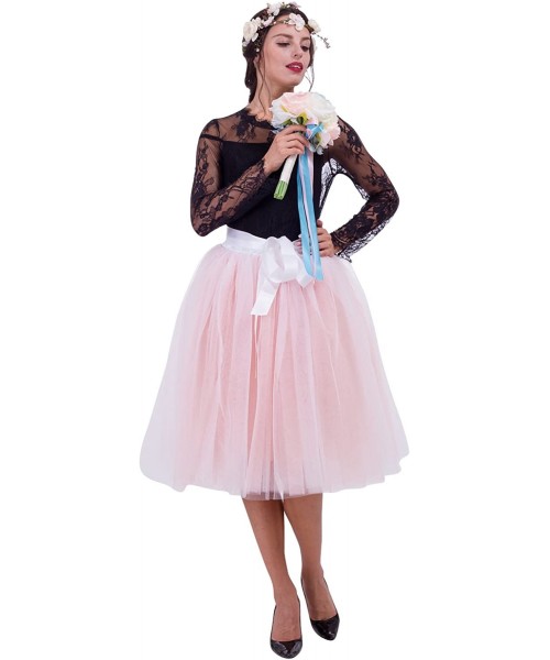 Slips Women's Summer Knee Length Tulle Skirt Bridesmaid Tutu Skirt with Sash - White+pink - CJ18W8H5659