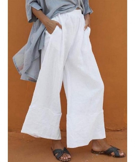 Bottoms Cotton Linen Ruched Wide Leg Palazzo Lounge Pants Plus Size Elastic Waist Lounge Pants Trouses - White - CO18UZH97RY