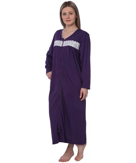 Nightgowns & Sleepshirts Women Jersey Long Zip Up Nightgown Robe Long Sleeve Elegant Loose Housecoat - Purple - CC18QG23Q0S