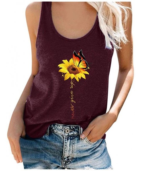 Tops Women's Short Sleeve- Women Plus Size Summer Sunflower Print Round Neck Sleeveless T-Shirt Top Tank - W-wine - C519E70QAQQ