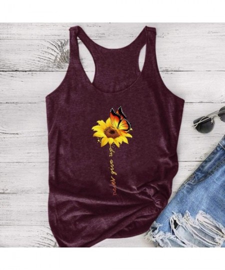 Tops Women's Short Sleeve- Women Plus Size Summer Sunflower Print Round Neck Sleeveless T-Shirt Top Tank - W-wine - C519E70QAQQ
