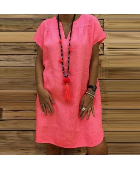Shapewear Women's Solid Dress Boho Turn-Down Collar Casual Pocket Button Dress - Hot Pink - CW18SWCYRO9