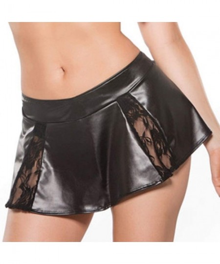 Thermal Underwear Women's Leather Lace Stitching Mini Skirt Clubbing Pole Dance with G-String - Black - CS1952GL4ZK