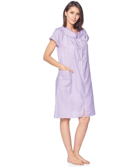 Robes Women's Snaps Front Closure House Dress Short Sleeve Woven Housecoat Duster Lounger Robe - Striped Purple - CB18R89493Z