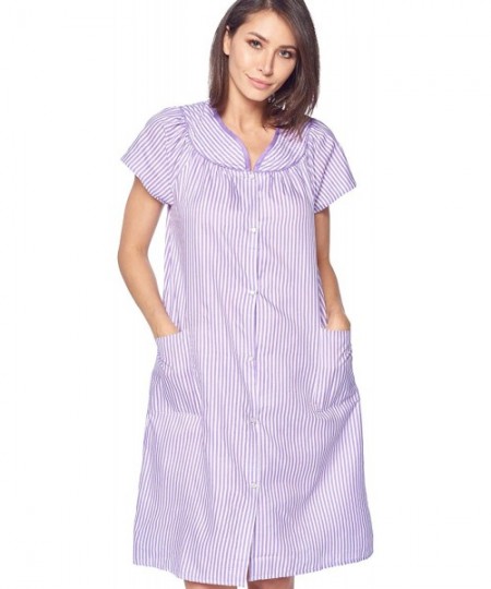 Robes Women's Snaps Front Closure House Dress Short Sleeve Woven Housecoat Duster Lounger Robe - Striped Purple - CB18R89493Z