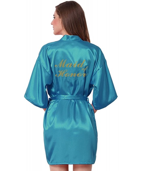 Robes Satin Kimono Wedding Party Getting Ready Robe with Gold Glitter - Lake Blue(maid of Honor in New Version) - CR18C7LG9ZM